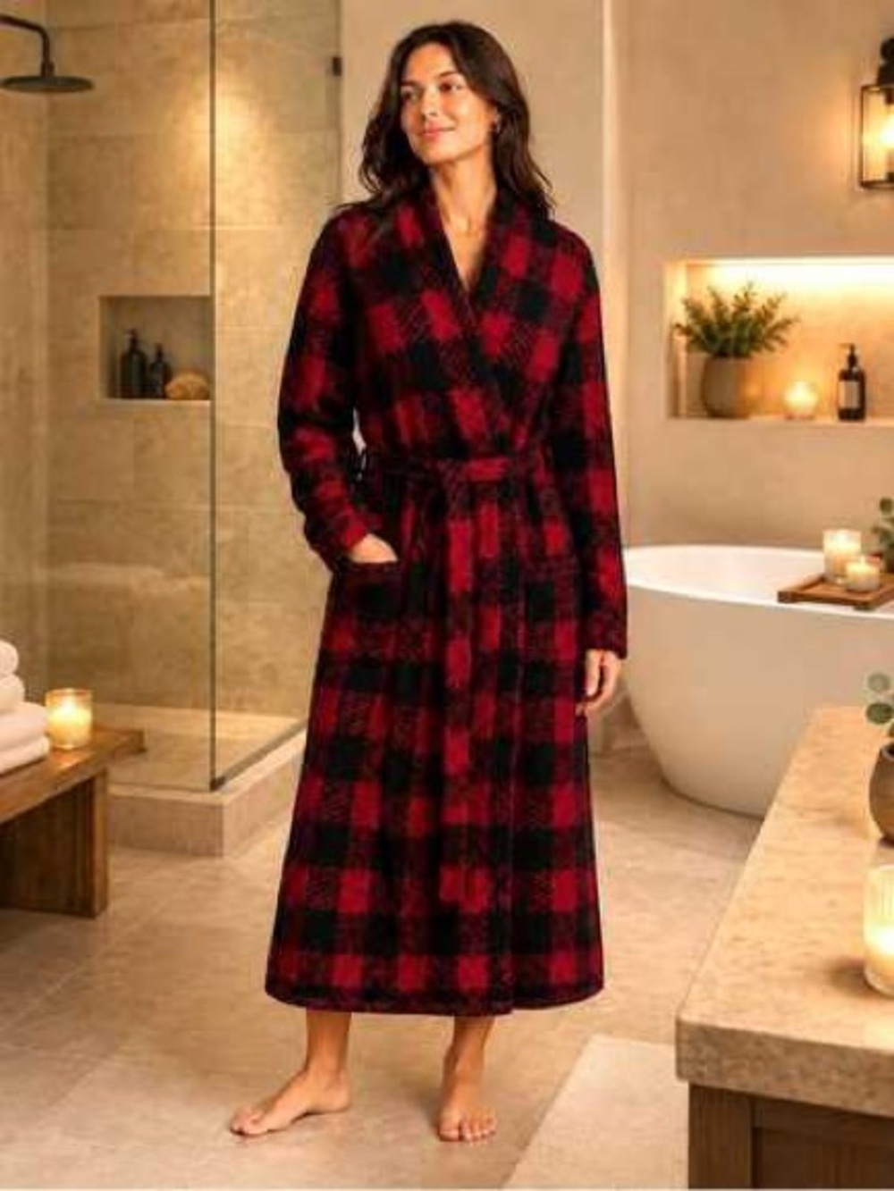 SKIMS Red and Black Buffalo Plaid Fleece Robe with Belt